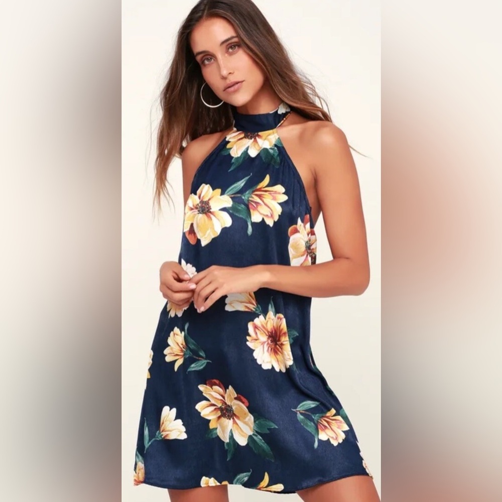 LULUS Barranquilla Navy Floral Print Satin Halter Swing Dress S